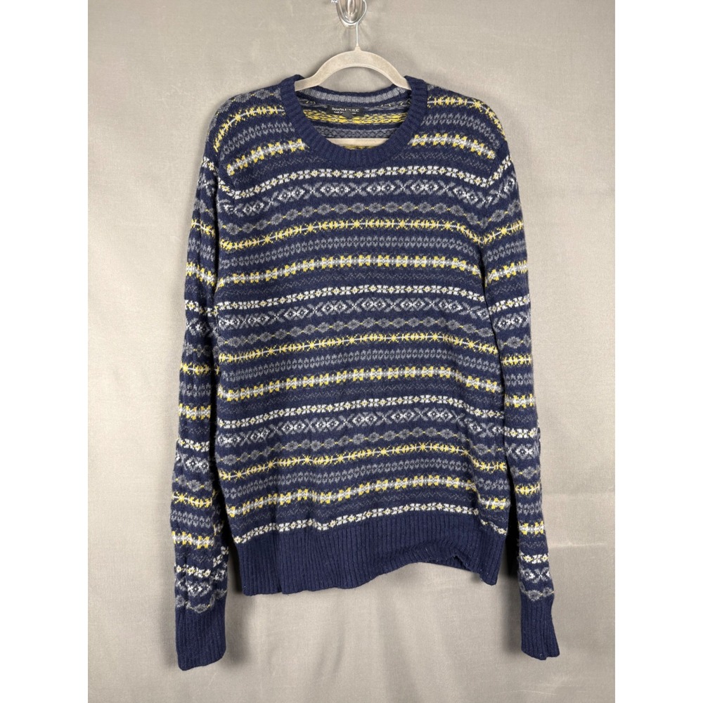 Banana Republic Sweater Mens Large Navy Blue Fair Isle Merino Wool Pullover